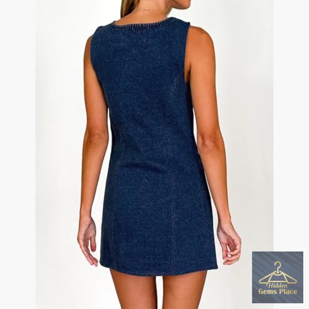 Denim Mini Dress Sleeveless Button Down Pocket Casual Summer - Picture 2 of 7